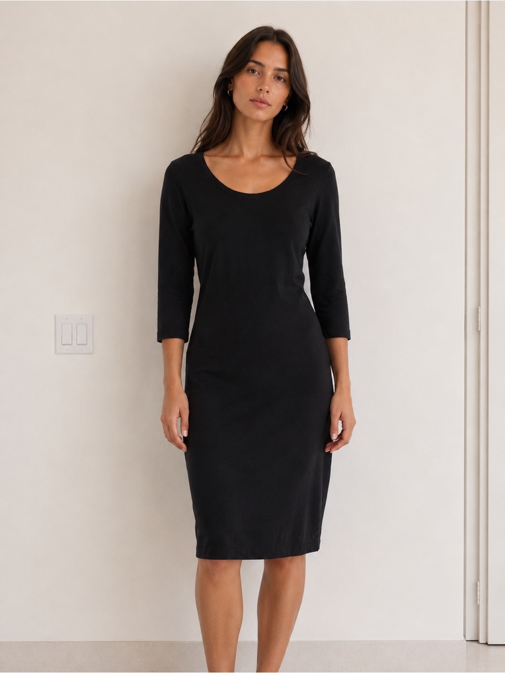 James Perse Midi Long Sleeve Dress in Black Sz 3